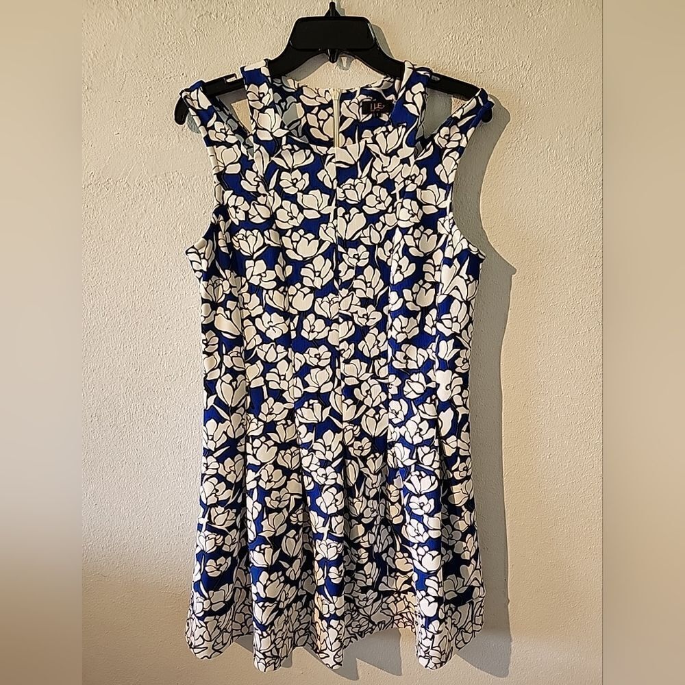 ILE New York Dress Sz 8 Blue & White Floral Patterned, Pleated  Fit & Flare